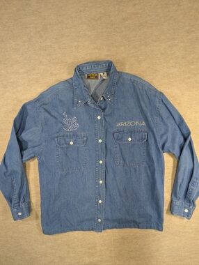 American Rave Vintage Kokopelli Flute Player Denim Shirt Arizona Rhinestone Larg